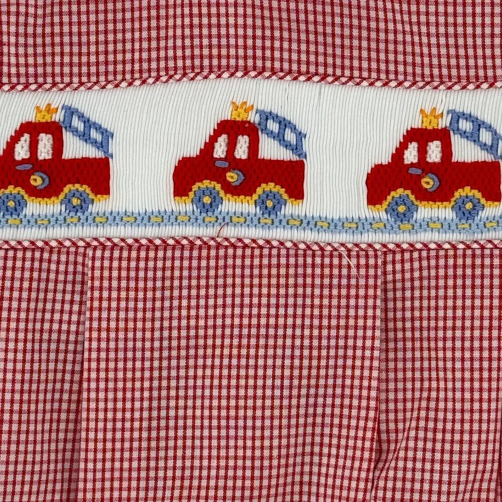 Edgehill Collection Gingham Firetruck Smocked Bubble Romper Baby Boys Sz 3 Mos